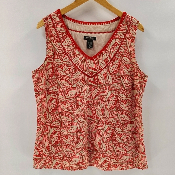 Eddie Bauer Pullover Blouse Size XL Sleeveless Red Tan Leaf Print Zip Side - Picture 1 of 8